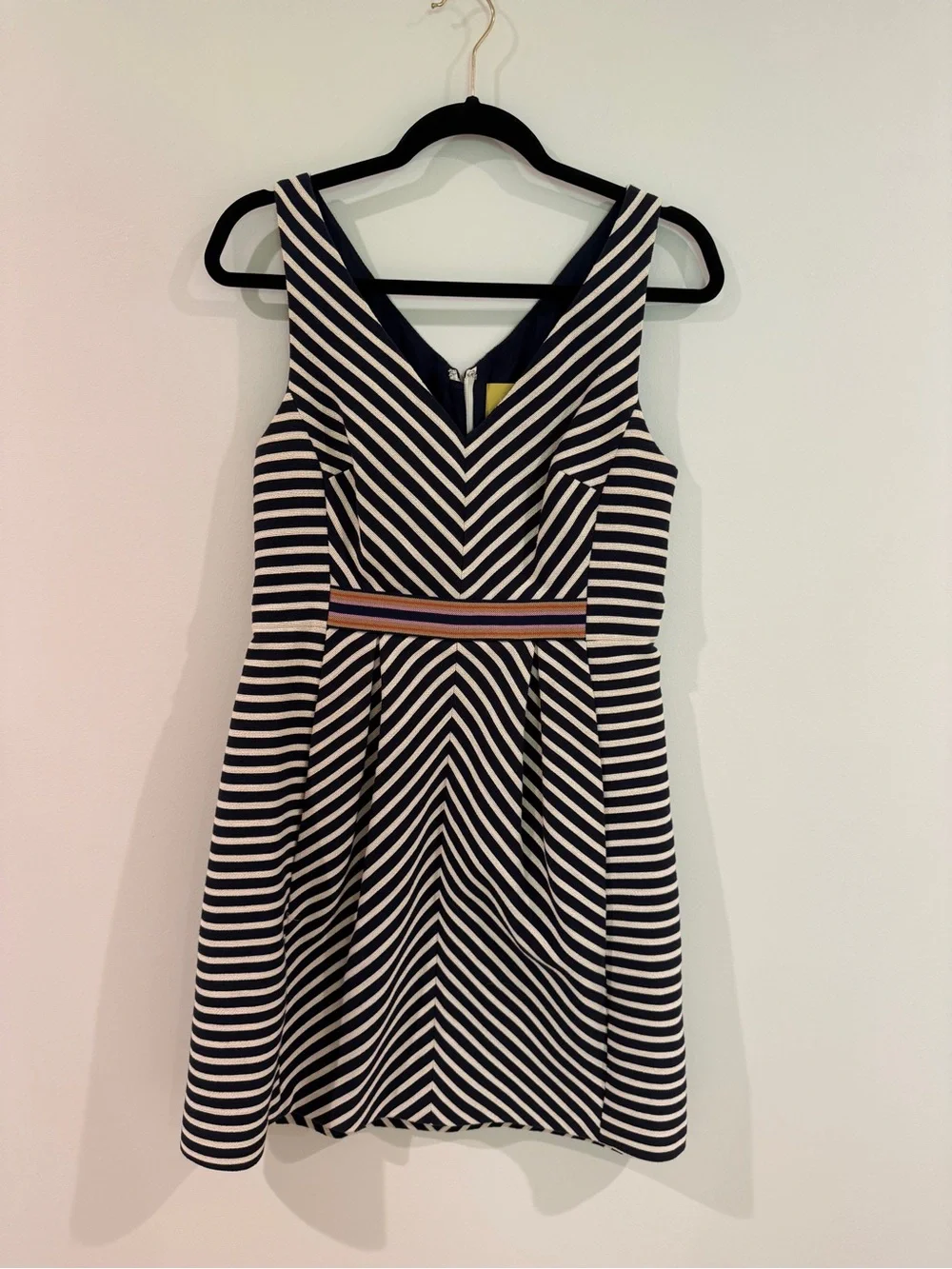 Anthropologie Maeve Navy and White Striped V-Neck Fit & Flare Dress